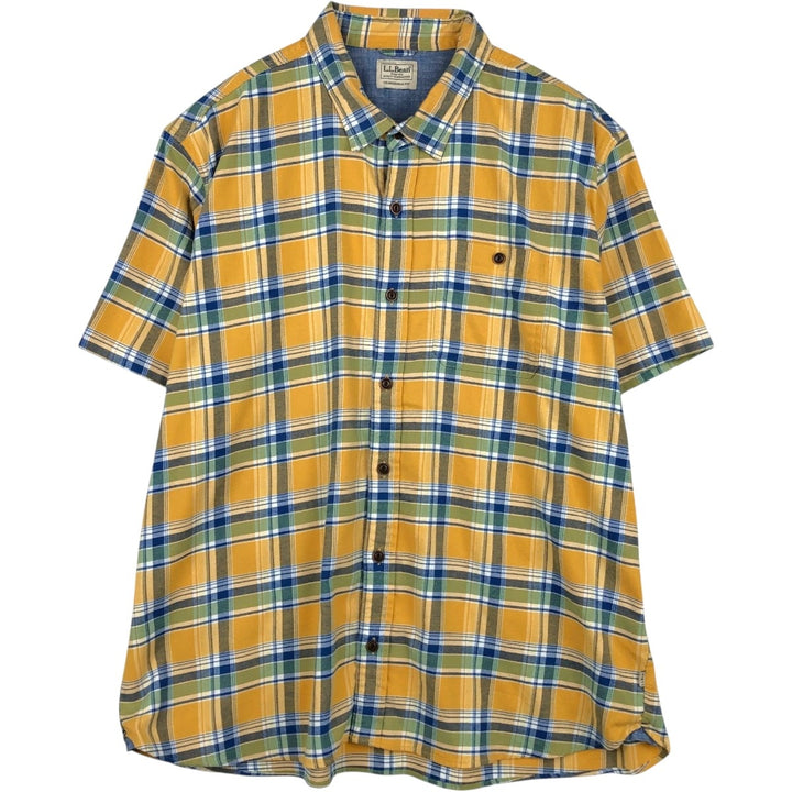 LLBean Traditional Fit Check Pattern Short-Sleeve Poly-Cotton Shirt, Men's Size XL (approx.) cotton yellow type Vintage Second Hand