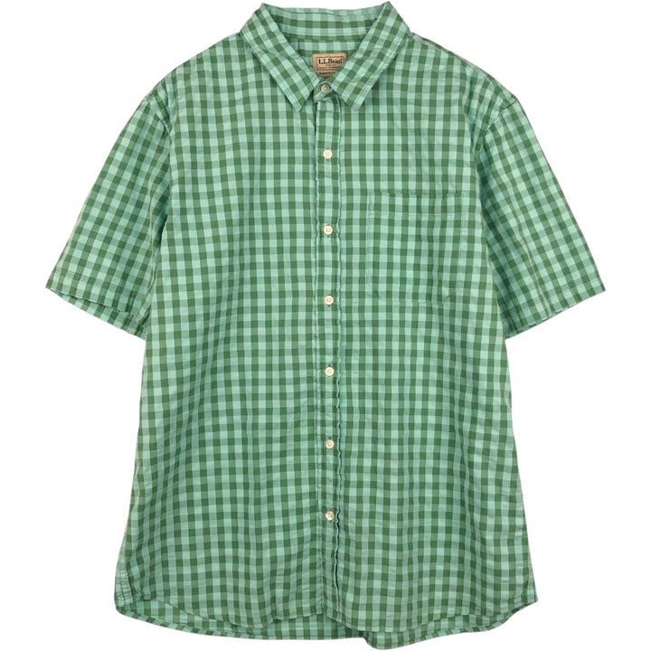 90s-00'S L.L.Bean SLIGHTLY FITTED Gingham Check Seersucker Short-Sleeve Cotton Check Shirt (Men's Size L) Organic cotton green type Vintage Second Hand