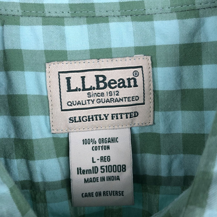 90s-00'S L.L.Bean SLIGHTLY FITTED Gingham Check Seersucker Short-Sleeve Cotton Check Shirt (Men's Size L) Organic cotton green type Vintage Second Hand