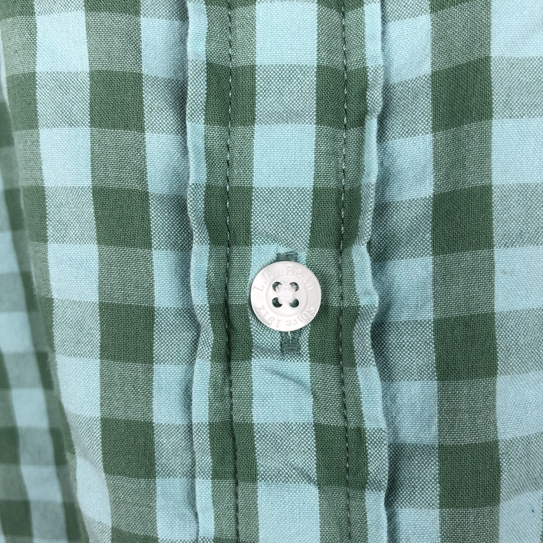 90s-00'S L.L.Bean SLIGHTLY FITTED Gingham Check Seersucker Short-Sleeve Cotton Check Shirt (Men's Size L) Organic cotton green type Vintage Second Hand