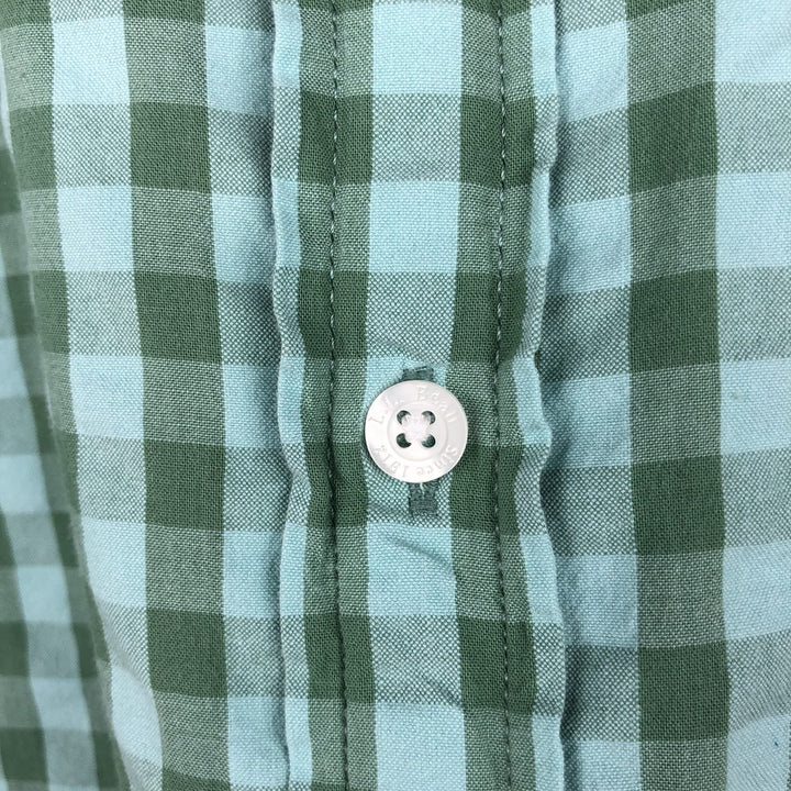 90s-00'S L.L.Bean SLIGHTLY FITTED Gingham Check Seersucker Short-Sleeve Cotton Check Shirt (Men's Size L) Organic cotton green type Vintage Second Hand