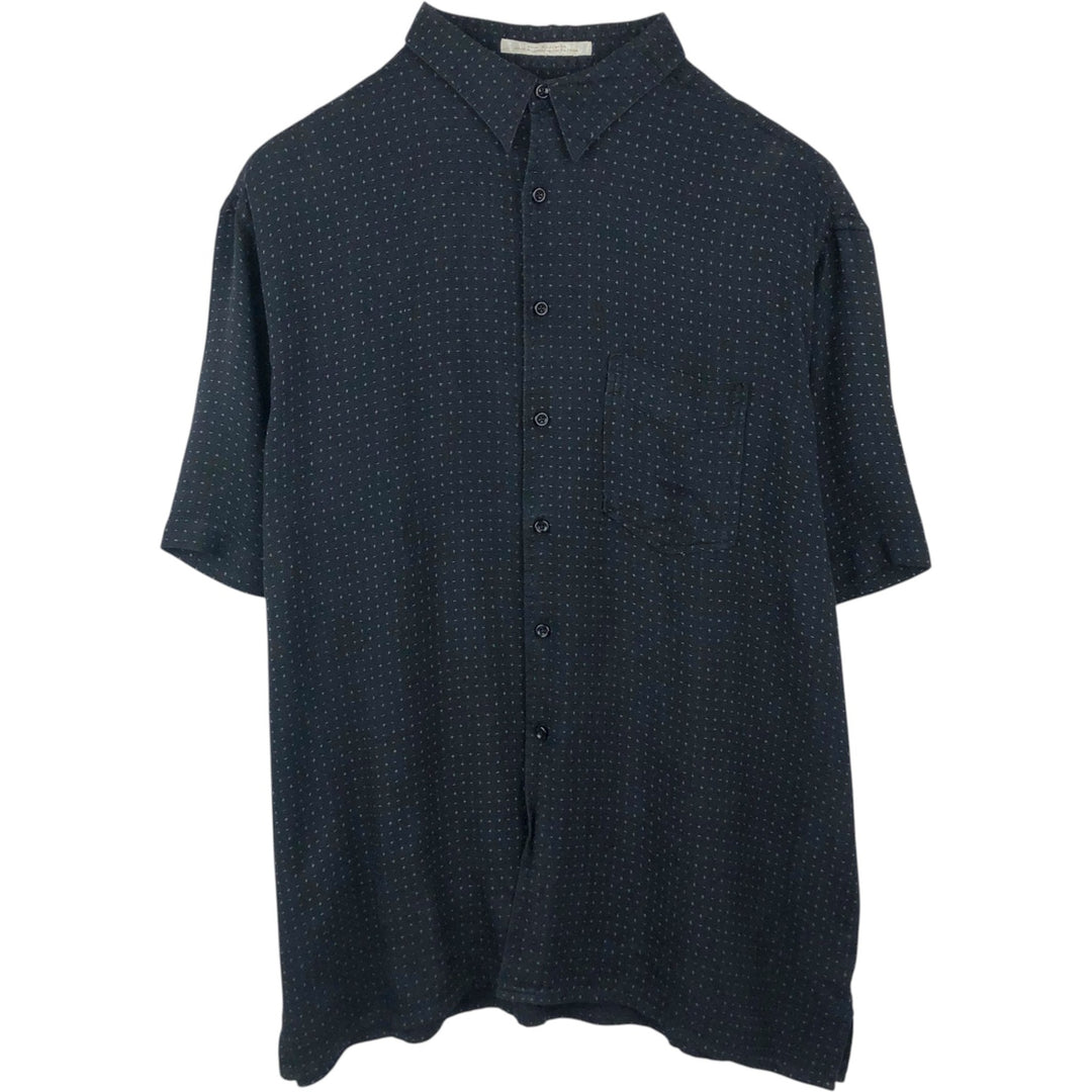 Perry Ellis All-over Print Short Sleeve Open Collar Silk Shirt Box Shirt Men's XL silk navy blue type Vintage Second Hand