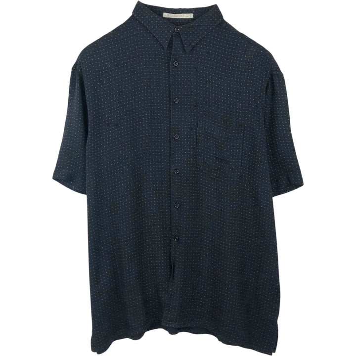 Perry Ellis All-over Print Short Sleeve Open Collar Silk Shirt Box Shirt Men's XL silk navy blue type Vintage Second Hand