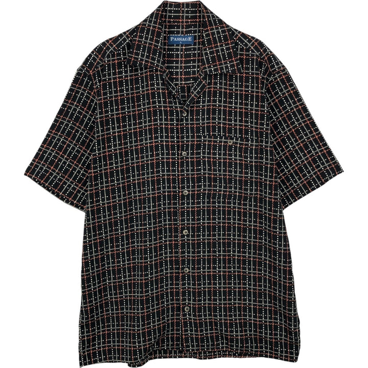 PASSAGE Check Pattern Short-Sleeve Open Collar Polyester Shirt, Boxy Shirt, Made in Australia, Men's Size L (approx.) polyester black type Vintage Second Hand