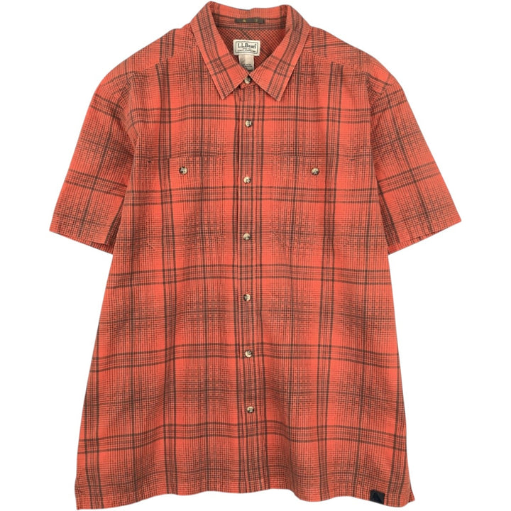 90s-00'S LLBean Check Pattern Short-Sleeve Poly-Cotton Boxy Shirt, Men's Size XL (Equivalent) Vintage cotton red type Vintage Second Hand