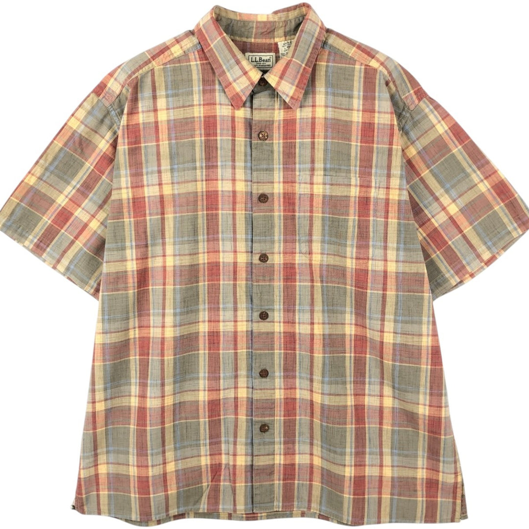 90s-00'S LLBean Short-Sleeve Cotton Check Shirt, Men's Size L (approx.), Vintage cotton Beige type Vintage Second Hand