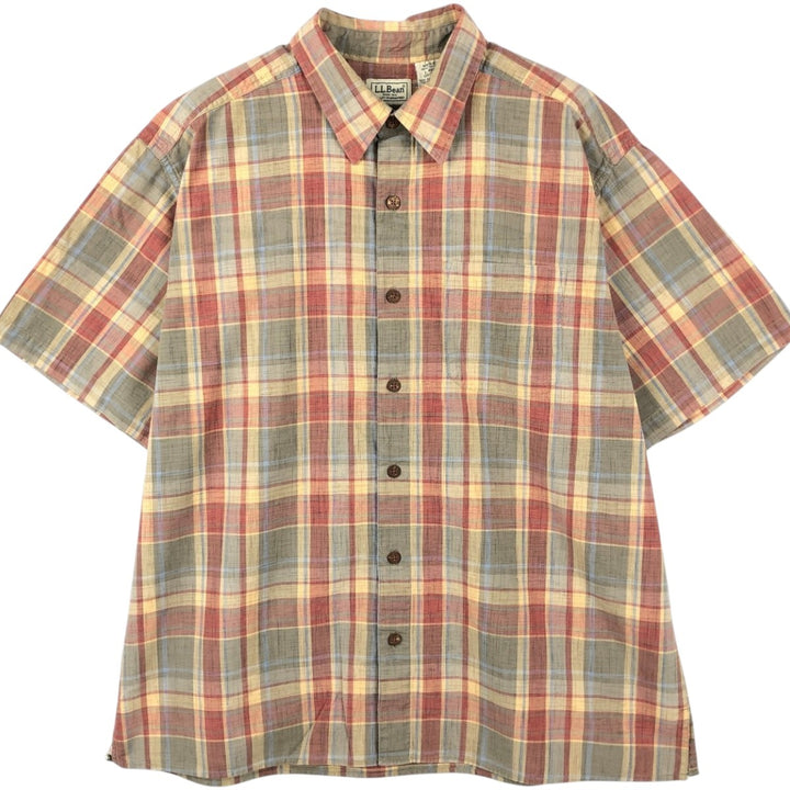 90s-00'S LLBean Short-Sleeve Cotton Check Shirt, Men's Size L (approx.), Vintage cotton Beige type Vintage Second Hand