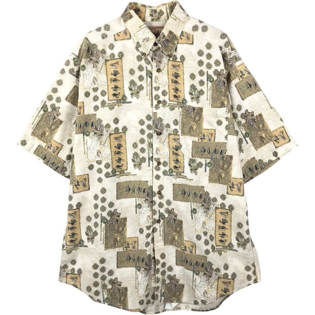 90s-00'S Woolrich all-over print short-sleeved button-down shirt, made in USA, men's size L (approx.) cotton Beige type Vintage Second Hand