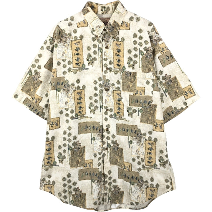 90s-00'S Woolrich all-over print short-sleeved button-down shirt, made in USA, men's size L (approx.) cotton Beige type Vintage Second Hand