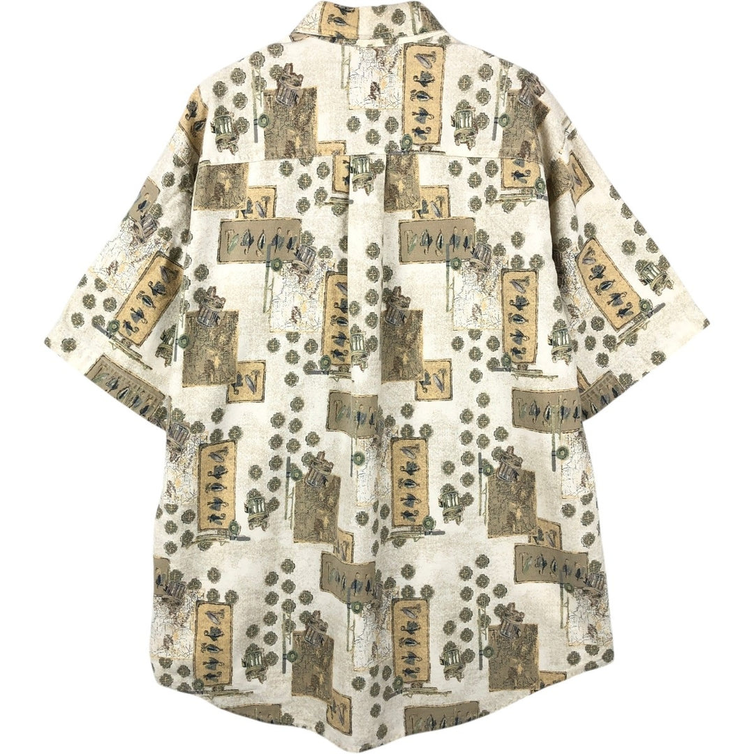 90s-00'S Woolrich all-over print short-sleeved button-down shirt, made in USA, men's size L (approx.) cotton Beige type Vintage Second Hand