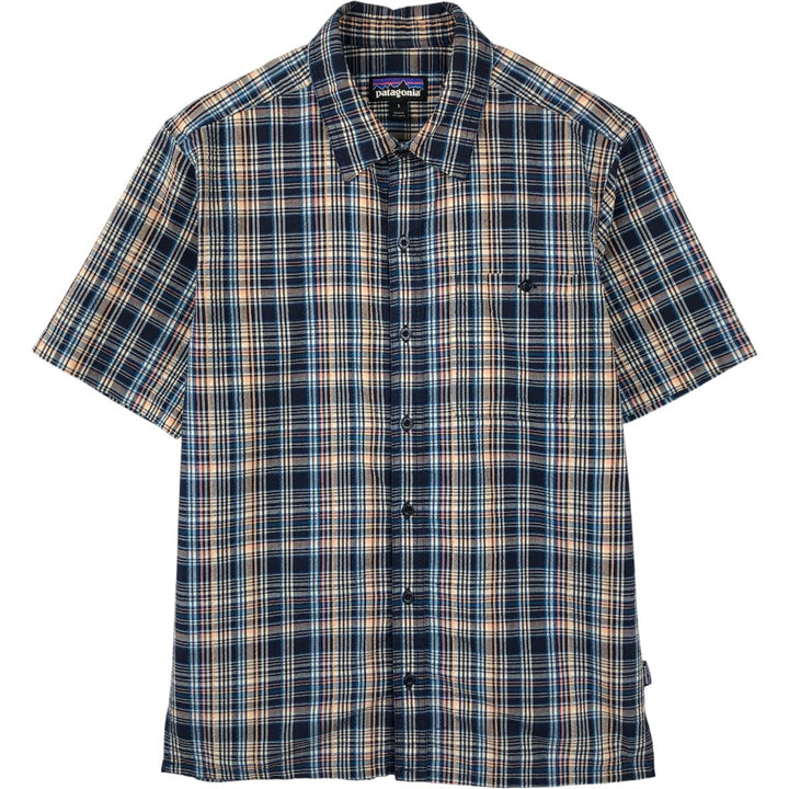 Patagonia 53004SP16 Seersucker Short-Sleeve Cotton Check Shirt, Boxy Shirt, Men's Size S (approx.) polyester navy blue type Vintage Second Hand