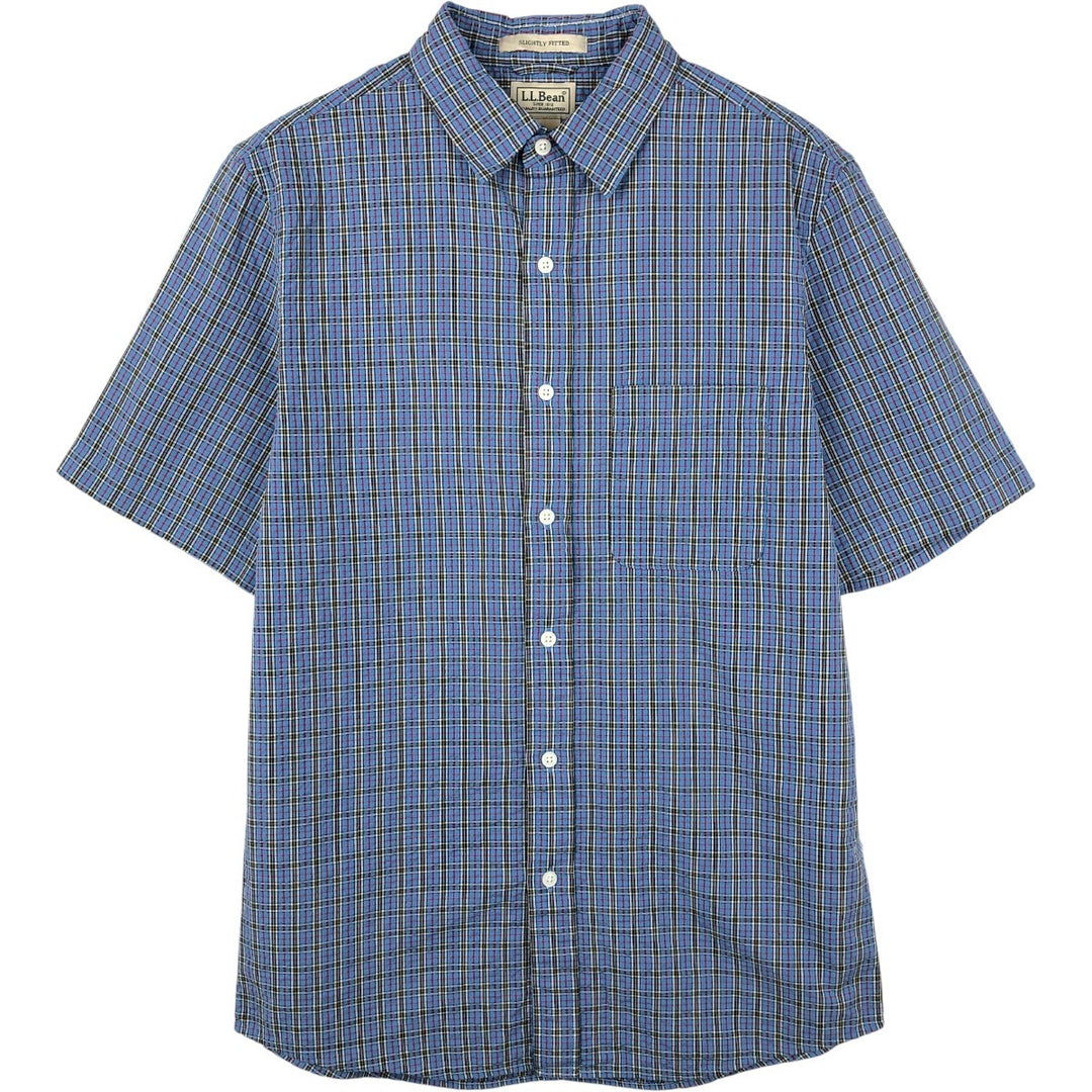 90s-00'S L.L.Bean SLIGHTLY FITTED Seersucker Short-Sleeve Cotton Check Shirt, Men's Size S (Equivalent), Vintage cotton blue type Vintage Second Hand