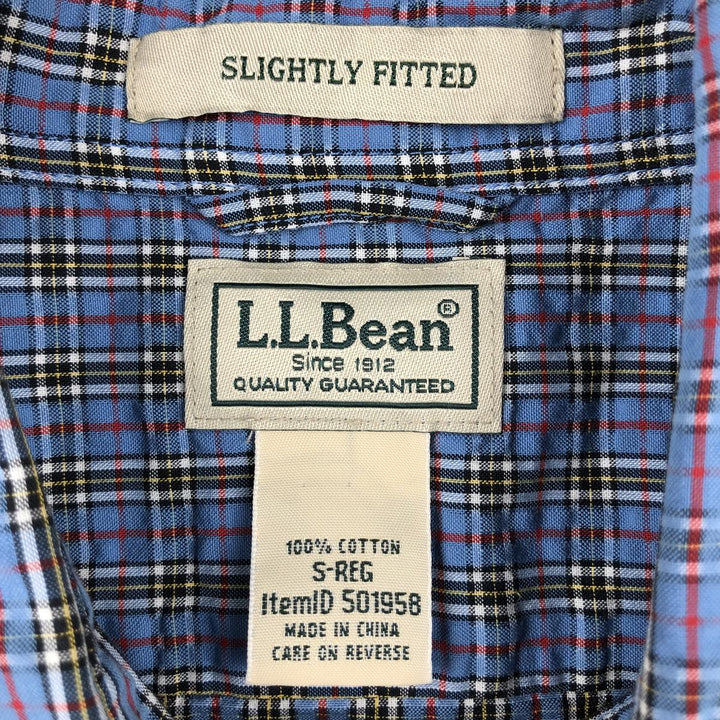 90s-00'S L.L.Bean SLIGHTLY FITTED Seersucker Short-Sleeve Cotton Check Shirt, Men's Size S (Equivalent), Vintage cotton blue type Vintage Second Hand
