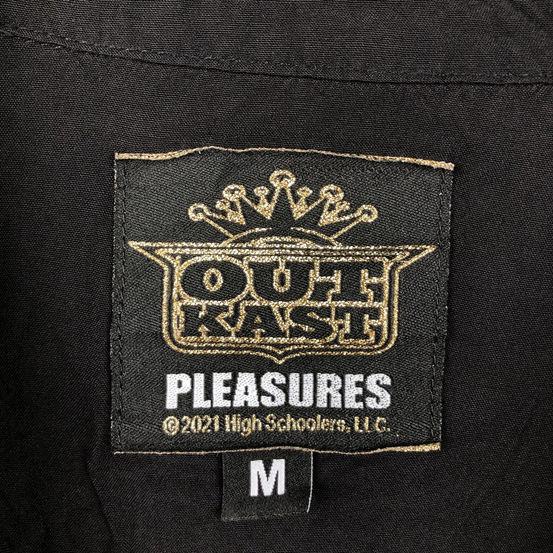 PLEASURES All-over print open-collar short-sleeved rayon shirt, men's size M. Rayon black type Vintage Second Hand
