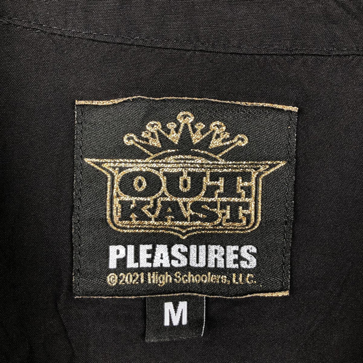 PLEASURES All-over print open-collar short-sleeved rayon shirt, men's size M. Rayon black type Vintage Second Hand