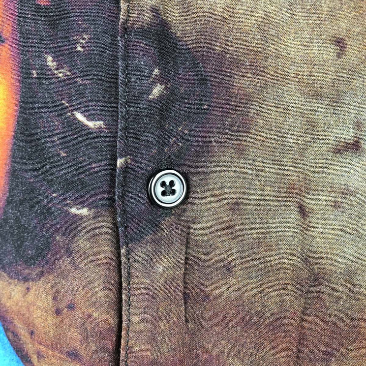PLEASURES All-over print open-collar short-sleeved rayon shirt, men's size M. Rayon black type Vintage Second Hand