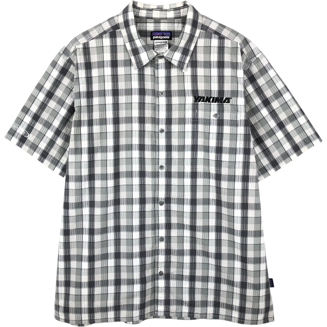 Patagonia 53003SP14 Seersucker Check Pattern Short-Sleeve Poly-Cotton Box Shirt, Men's Size L (approx.) polyester gray type Vintage Second Hand