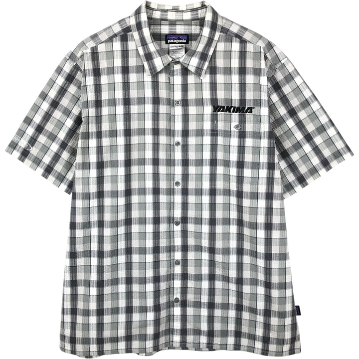 Patagonia 53003SP14 Seersucker Check Pattern Short-Sleeve Poly-Cotton Box Shirt, Men's Size L (approx.) polyester gray type Vintage Second Hand
