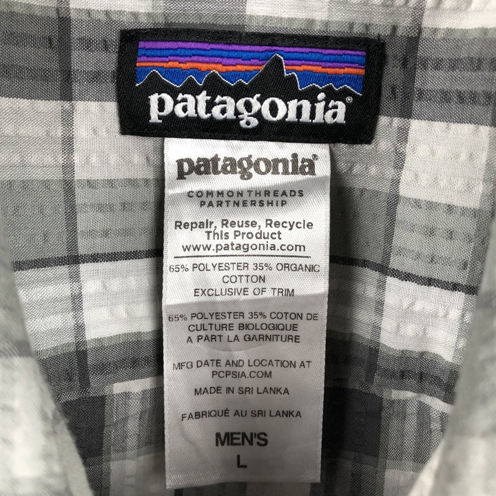 Patagonia 53003SP14 Seersucker Check Pattern Short-Sleeve Poly-Cotton Box Shirt, Men's Size L (approx.) polyester gray type Vintage Second Hand