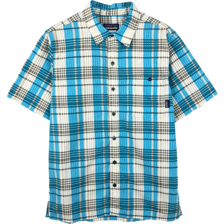 Patagonia 53002SP13 Check Pattern Seersucker Short-Sleeve Poly-Cotton Box Shirt (Men's Size S) polyester Blue type light blue Vintage Second Hand