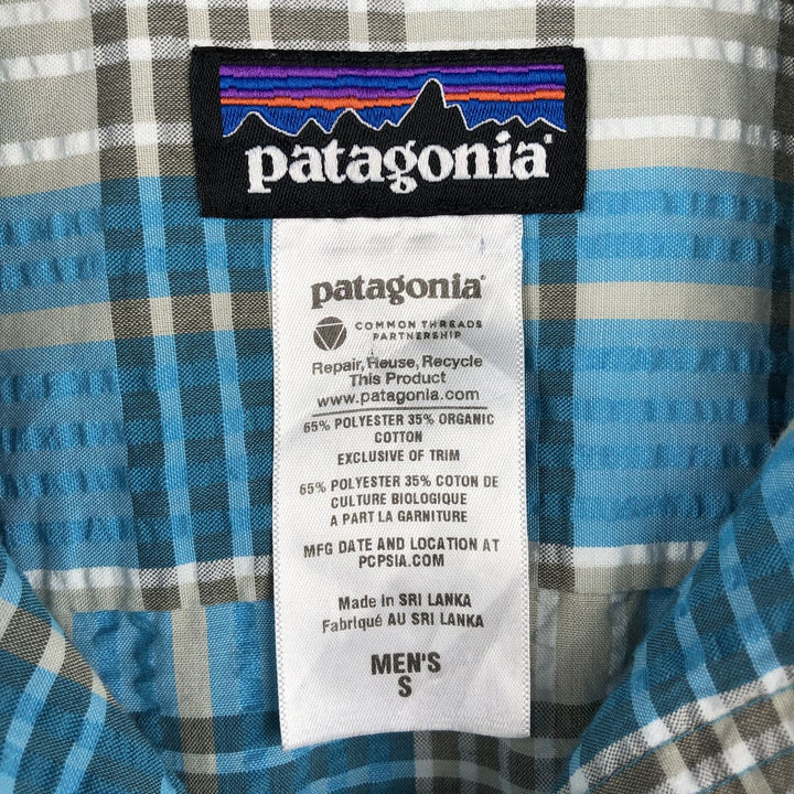 Patagonia 53002SP13 Check Pattern Seersucker Short-Sleeve Poly-Cotton Box Shirt (Men's Size S) polyester Blue type light blue Vintage Second Hand