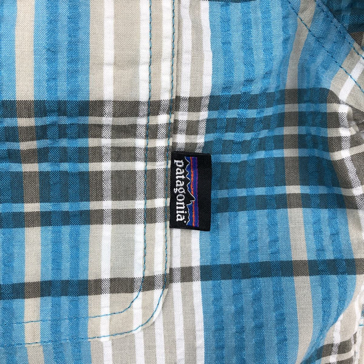 Patagonia 53002SP13 Check Pattern Seersucker Short-Sleeve Poly-Cotton Box Shirt (Men's Size S) polyester Blue type light blue Vintage Second Hand