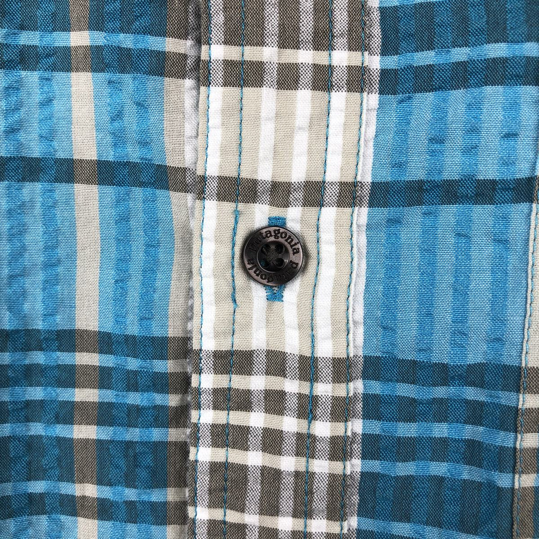 Patagonia 53002SP13 Check Pattern Seersucker Short-Sleeve Poly-Cotton Box Shirt (Men's Size S) polyester Blue type light blue Vintage Second Hand