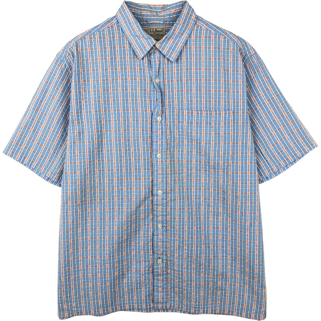 90s-00'S L.L.Bean Seersucker Short-Sleeve Cotton Check Shirt, Boxy Shirt, Men's Size M (Equivalent), Vintage cotton Blue type light blue Vintage Second Hand