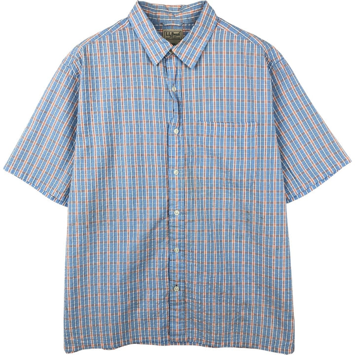 90s-00'S L.L.Bean Seersucker Short-Sleeve Cotton Check Shirt, Boxy Shirt, Men's Size M (Equivalent), Vintage cotton Blue type light blue Vintage Second Hand