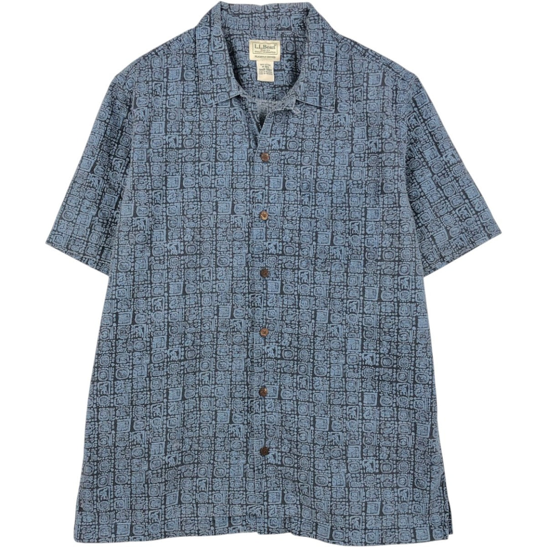 90s-00'S L.L.Bean SLIGHTLY FITTED all-over print short-sleeved open-collar cotton shirt, boxy style, men's size M. cotton navy blue type Vintage Second Hand