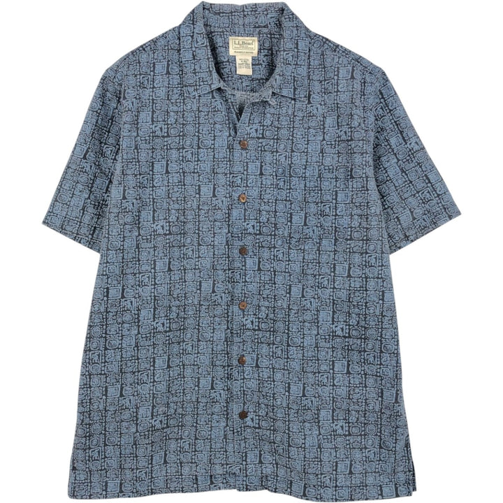 90s-00'S L.L.Bean SLIGHTLY FITTED all-over print short-sleeved open-collar cotton shirt, boxy style, men's size M. cotton navy blue type Vintage Second Hand