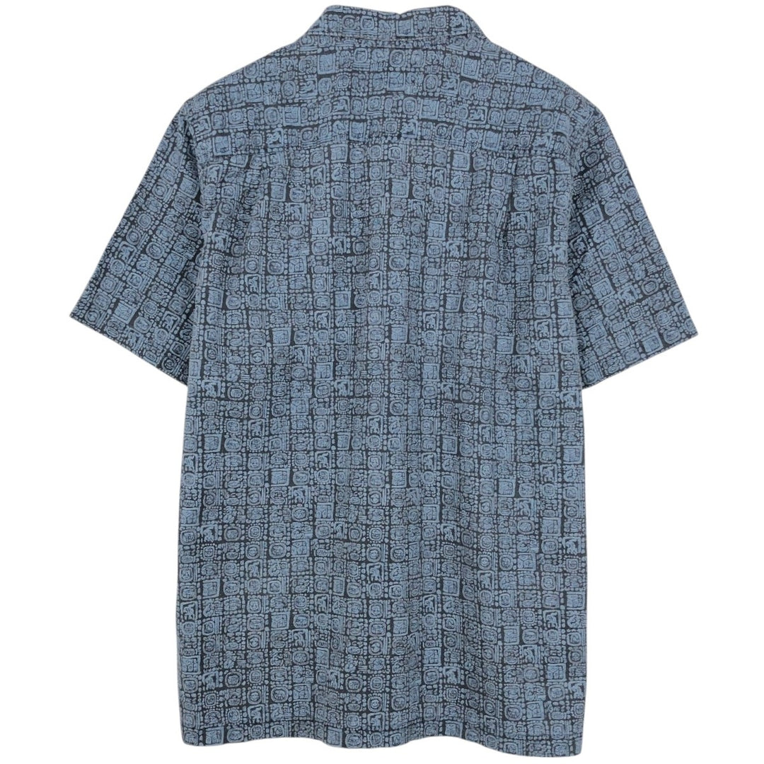 90s-00'S L.L.Bean SLIGHTLY FITTED all-over print short-sleeved open-collar cotton shirt, boxy style, men's size M. cotton navy blue type Vintage Second Hand
