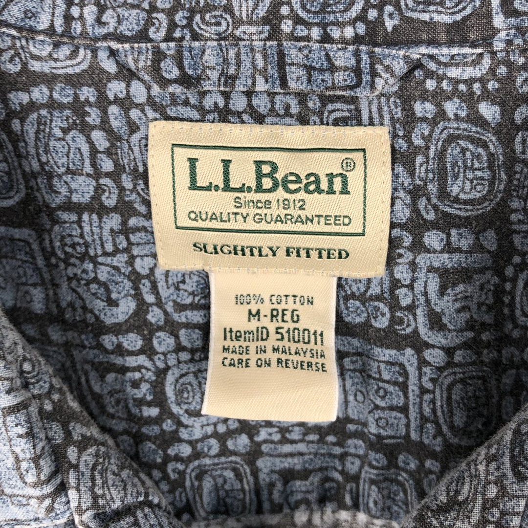 90s-00'S L.L.Bean SLIGHTLY FITTED all-over print short-sleeved open-collar cotton shirt, boxy style, men's size M. cotton navy blue type Vintage Second Hand
