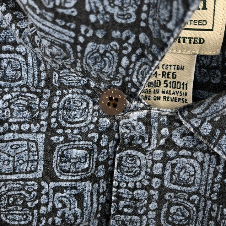 90s-00'S L.L.Bean SLIGHTLY FITTED all-over print short-sleeved open-collar cotton shirt, boxy style, men's size M. cotton navy blue type Vintage Second Hand