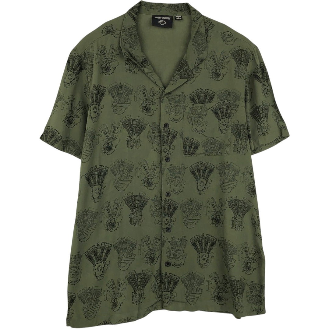 Harley-Davidson all-over print engine short-sleeved open-collar rayon shirt, boxy fit, men's size L equivalent. Rayon Khaki type Vintage Second Hand