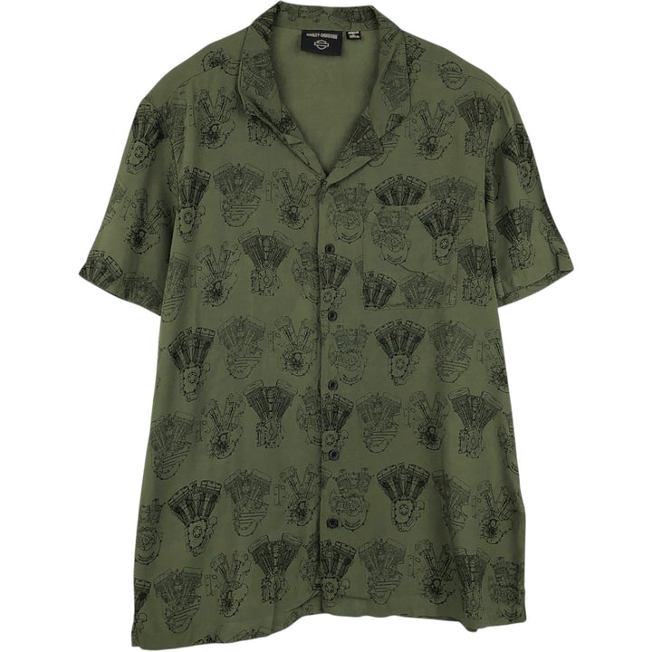 Harley-Davidson all-over print engine short-sleeved open-collar rayon shirt, boxy fit, men's size L equivalent. Rayon Khaki type Vintage Second Hand