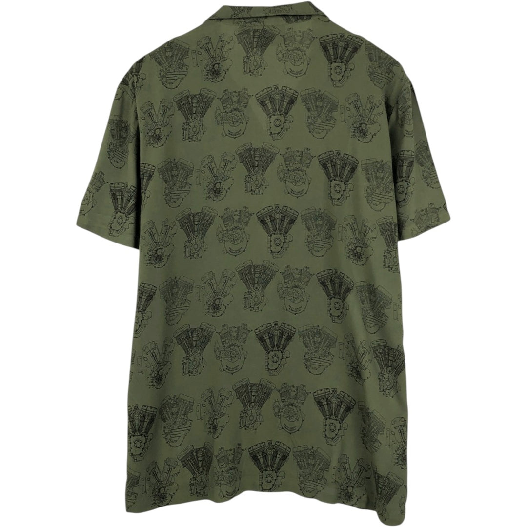 Harley-Davidson all-over print engine short-sleeved open-collar rayon shirt, boxy fit, men's size L equivalent. Rayon Khaki type Vintage Second Hand