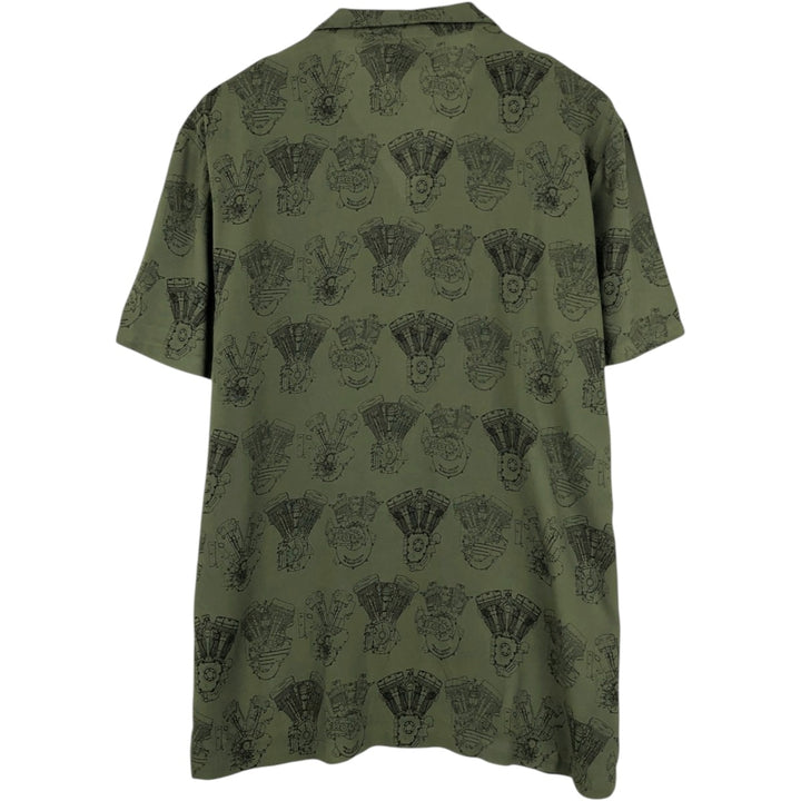 Harley-Davidson all-over print engine short-sleeved open-collar rayon shirt, boxy fit, men's size L equivalent. Rayon Khaki type Vintage Second Hand