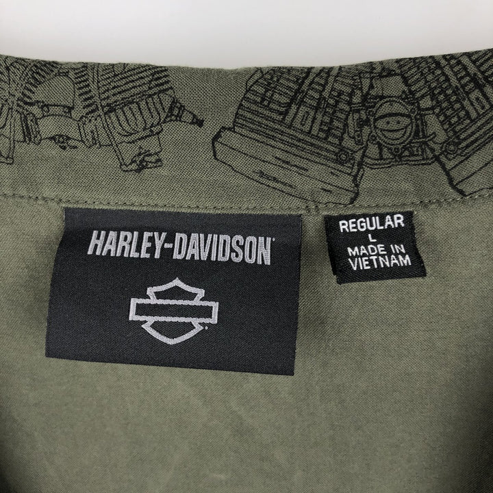 Harley-Davidson all-over print engine short-sleeved open-collar rayon shirt, boxy fit, men's size L equivalent. Rayon Khaki type Vintage Second Hand