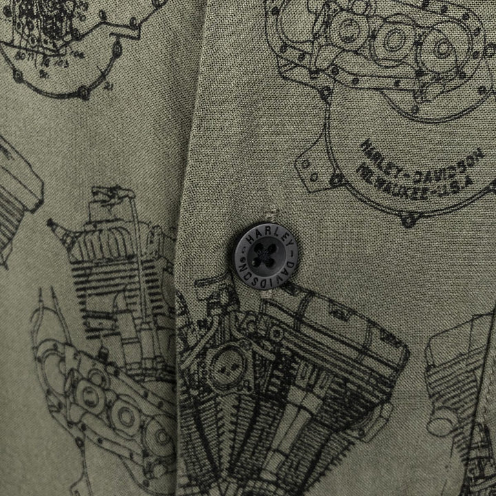 Harley-Davidson all-over print engine short-sleeved open-collar rayon shirt, boxy fit, men's size L equivalent. Rayon Khaki type Vintage Second Hand
