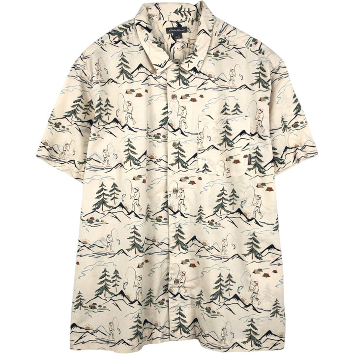 Eddie Bauer all-over print short-sleeved cotton shirt, boxy style, men's size XL. cotton ivory Vintage Second Hand