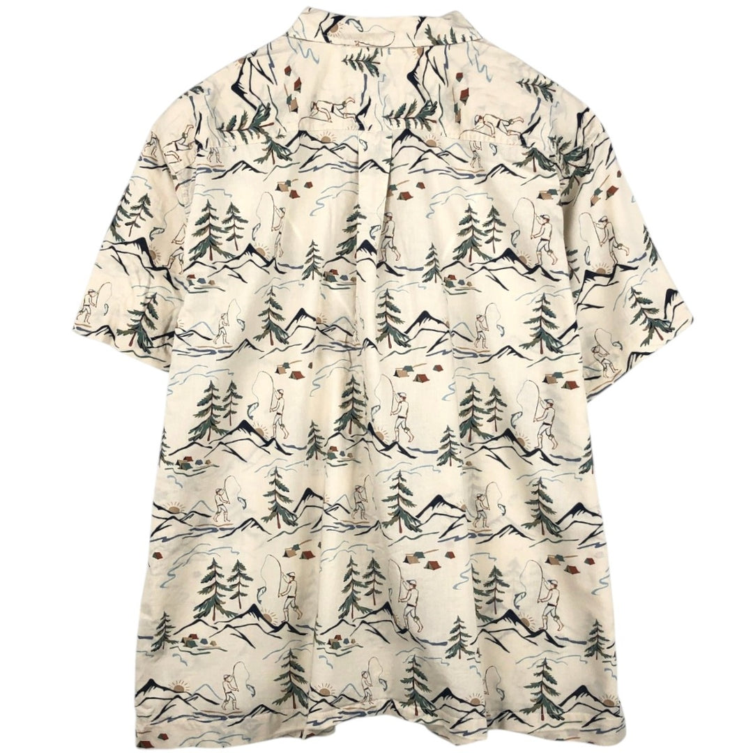 Eddie Bauer all-over print short-sleeved cotton shirt, boxy style, men's size XL. cotton ivory Vintage Second Hand
