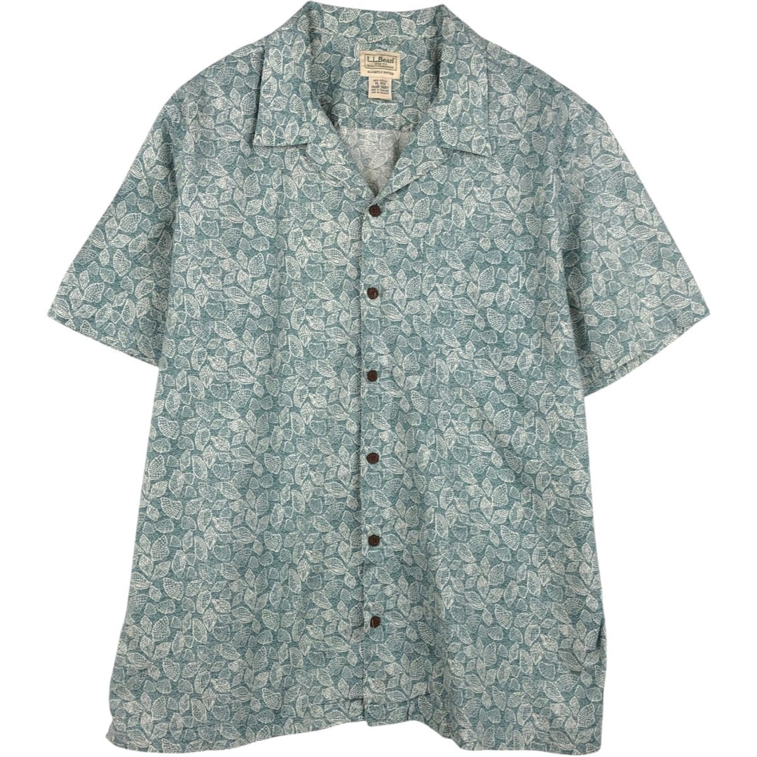 90s-00'S LL Bean Slightly Fitted All-Over Print Short Sleeve Open Collar Cotton Box Shirt, Men's XL cotton Khaki type sage green Vintage Second Hand