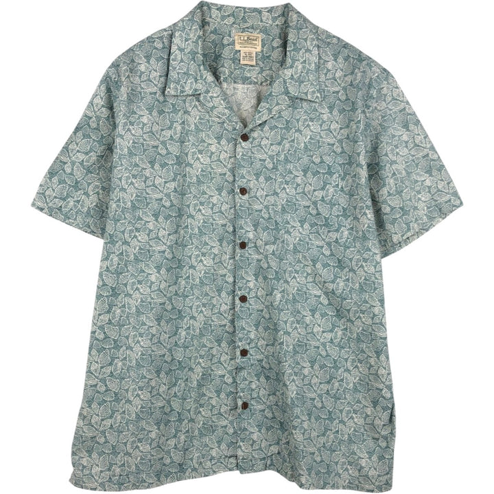 90s-00'S LL Bean Slightly Fitted All-Over Print Short Sleeve Open Collar Cotton Box Shirt, Men's XL cotton Khaki type sage green Vintage Second Hand