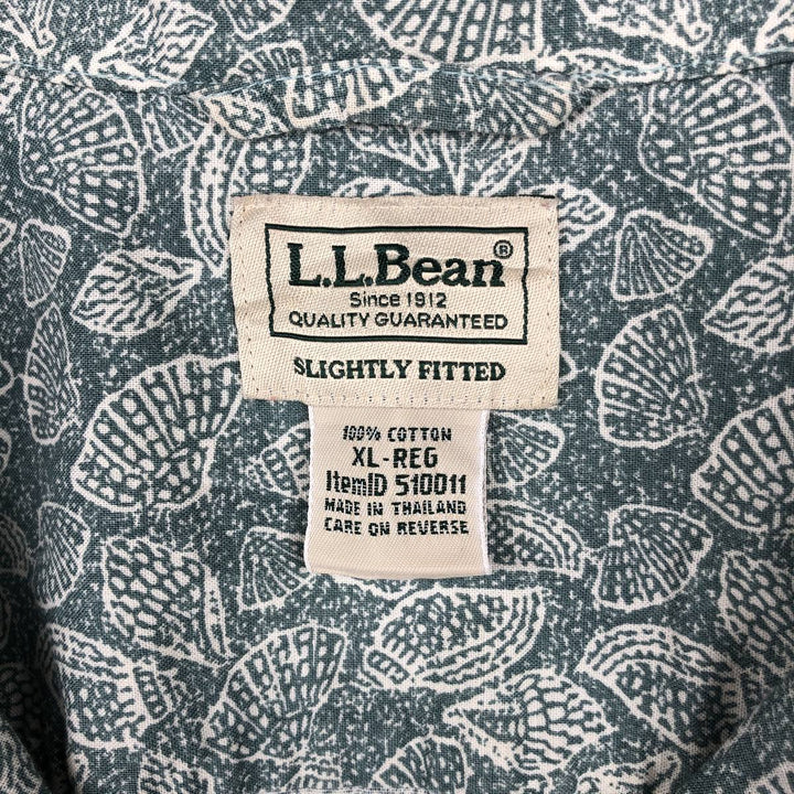 90s-00'S LL Bean Slightly Fitted All-Over Print Short Sleeve Open Collar Cotton Box Shirt, Men's XL cotton Khaki type sage green Vintage Second Hand