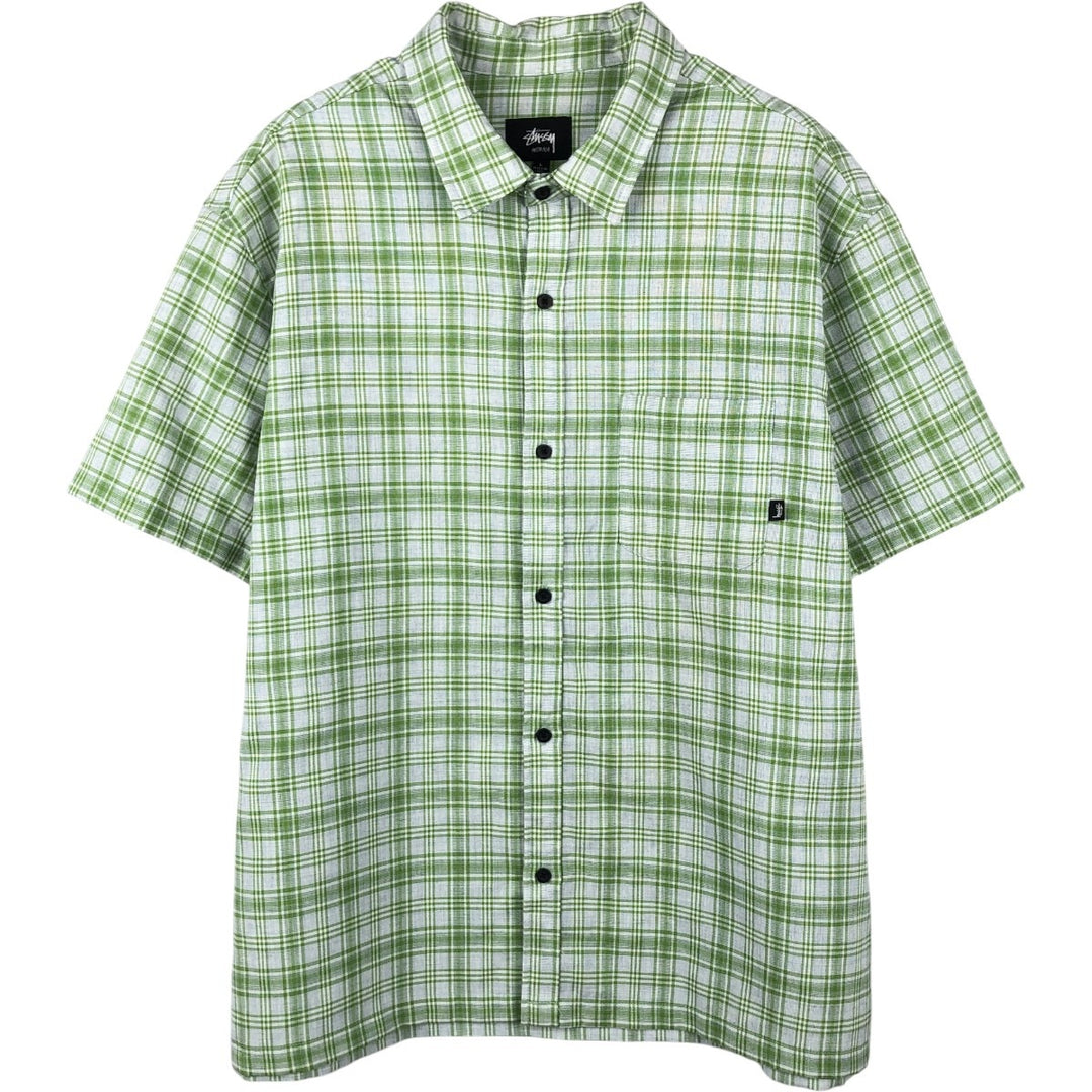 Stussy short-sleeved check shirt, men's size L (approx.) polyester green type yellow green Vintage Second Hand