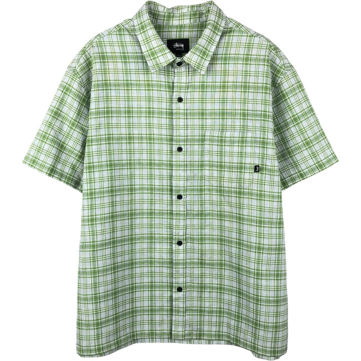 Stussy short-sleeved check shirt, men's size L (approx.) polyester green type yellow green Vintage Second Hand