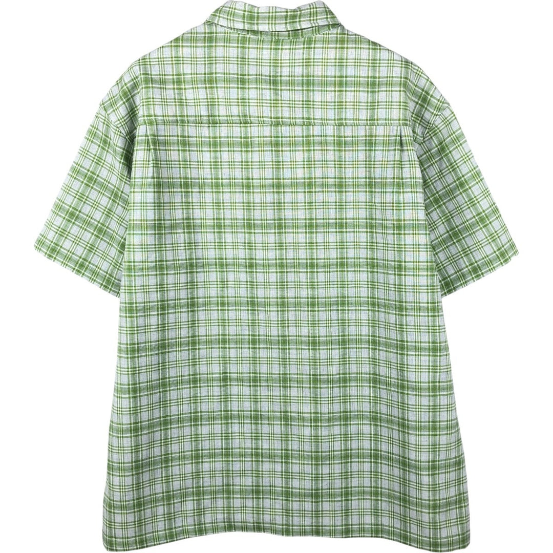 Stussy short-sleeved check shirt, men's size L (approx.) polyester green type yellow green Vintage Second Hand