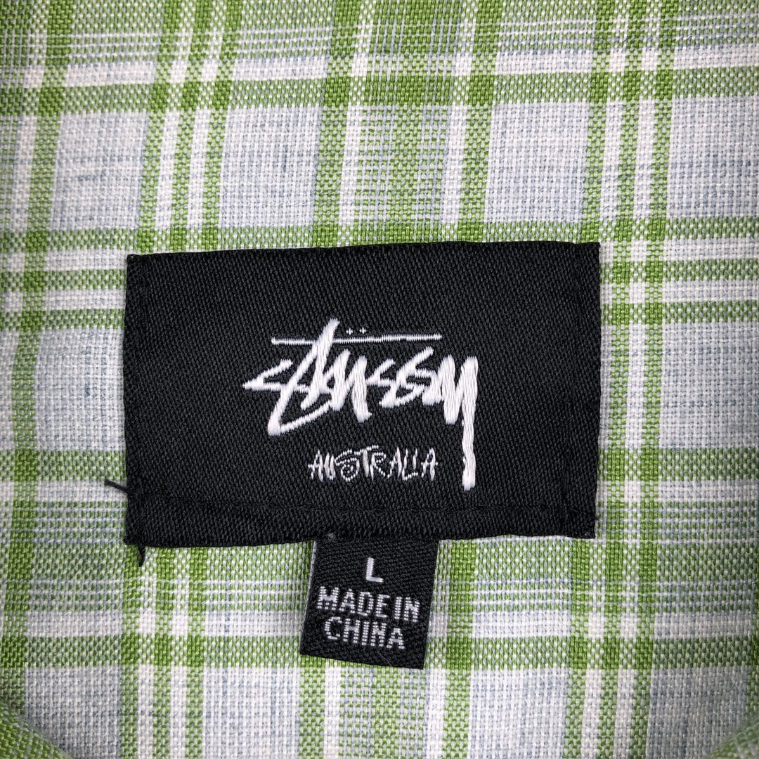 Stussy short-sleeved check shirt, men's size L (approx.) polyester green type yellow green Vintage Second Hand