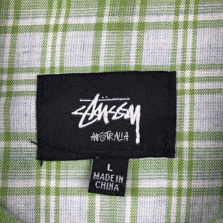 Stussy short-sleeved check shirt, men's size L (approx.) polyester green type yellow green Vintage Second Hand